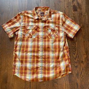 Prana Orange Yellow Plaid Short Sleeve Button-Down Shirt